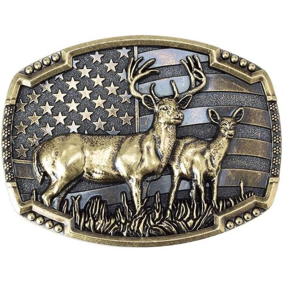 Men's Gold Alloy Deer Cowboy Imported American Patriotic Belt Buckles - Picture 1 of 8